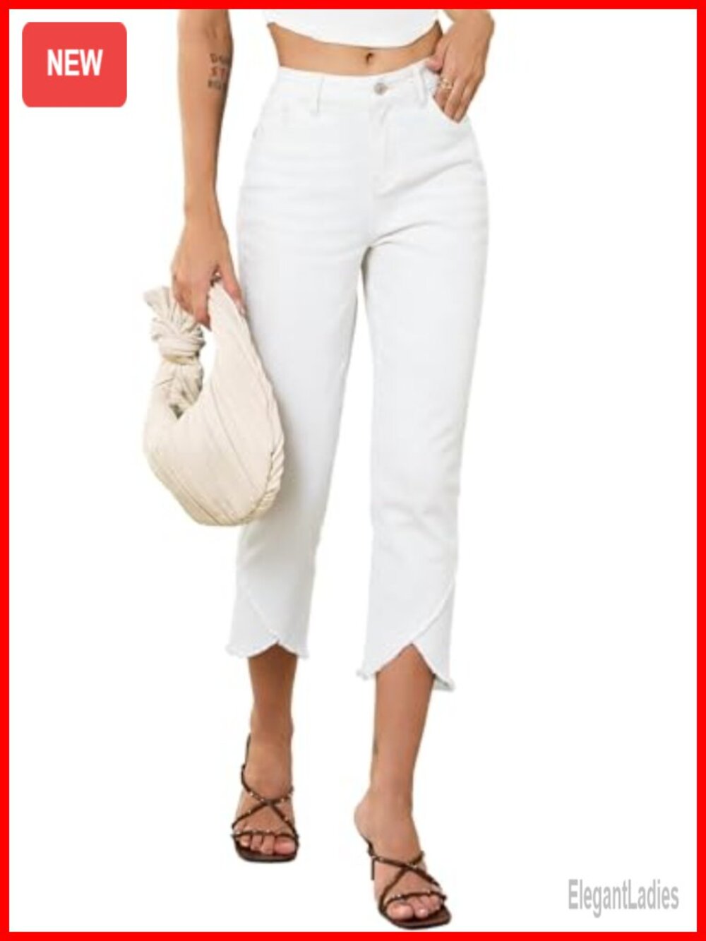 Sidefeel Women's High Waisted Stretchy Cropped Skinny Jeans Raw Hem Capri with